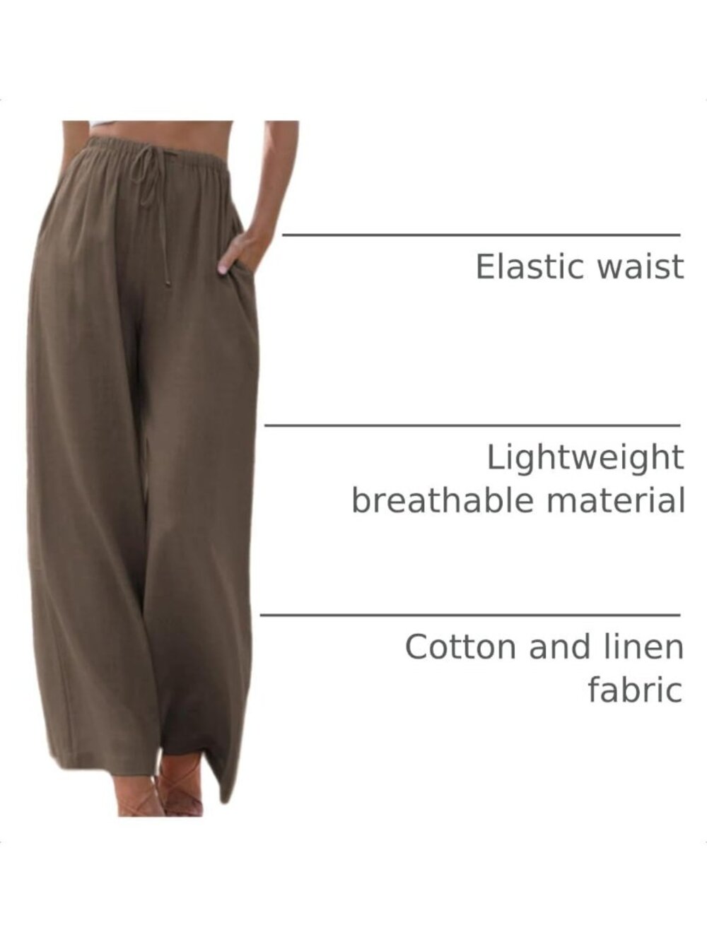Women Dark Coffee High Rise Flowy Wide Beach Trousers with Pockets Palazzo Pants - Picture 4 of 6